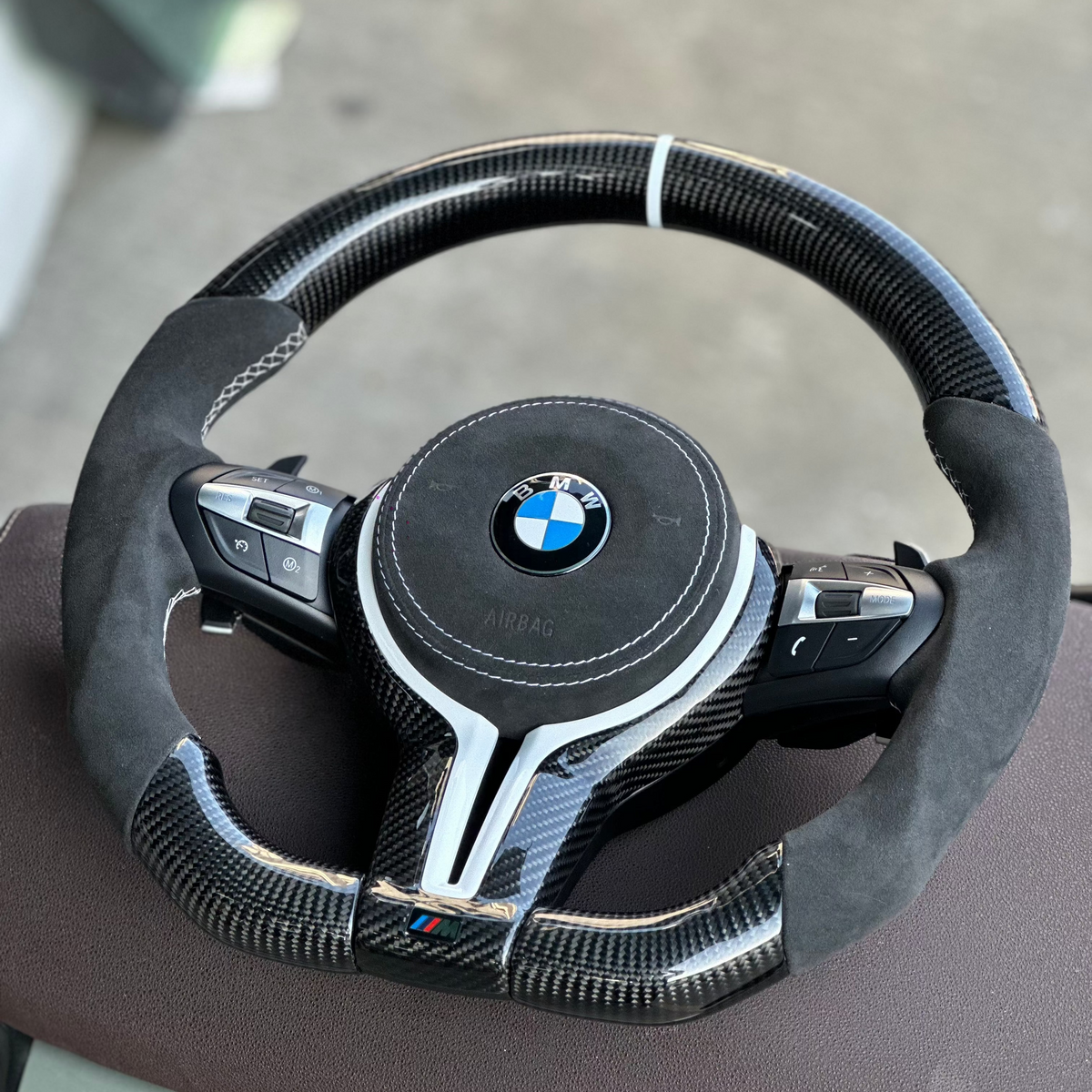 Alcantara Carbon Fiber with White Trim , White Stripe Steering Wheel For BMW F Series 