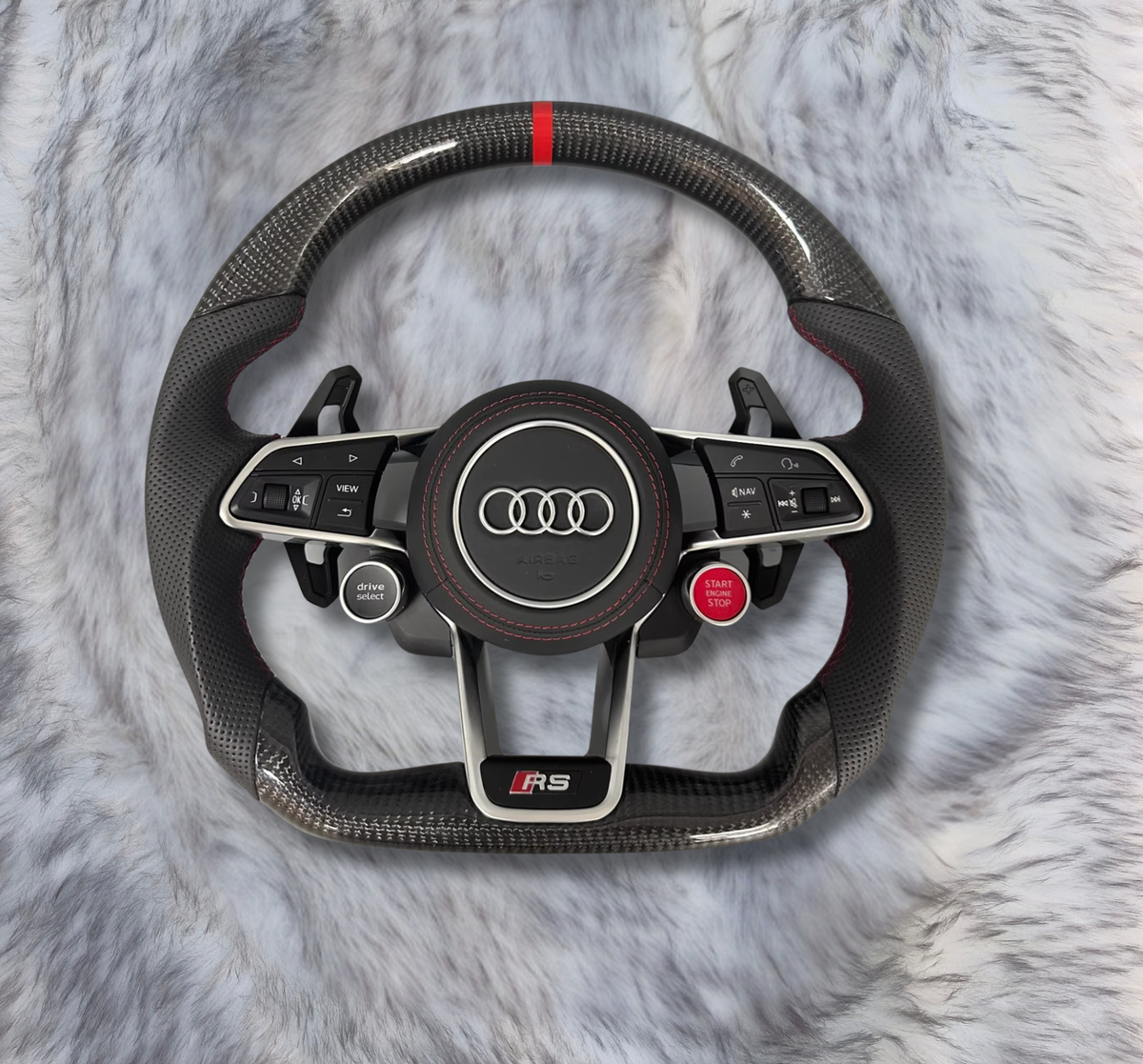 UMPARTS Audi RS Style Carbon Fiber Steering Wheel A3243 – Perforated Leather Grip – Flat Bottom – With Airbag