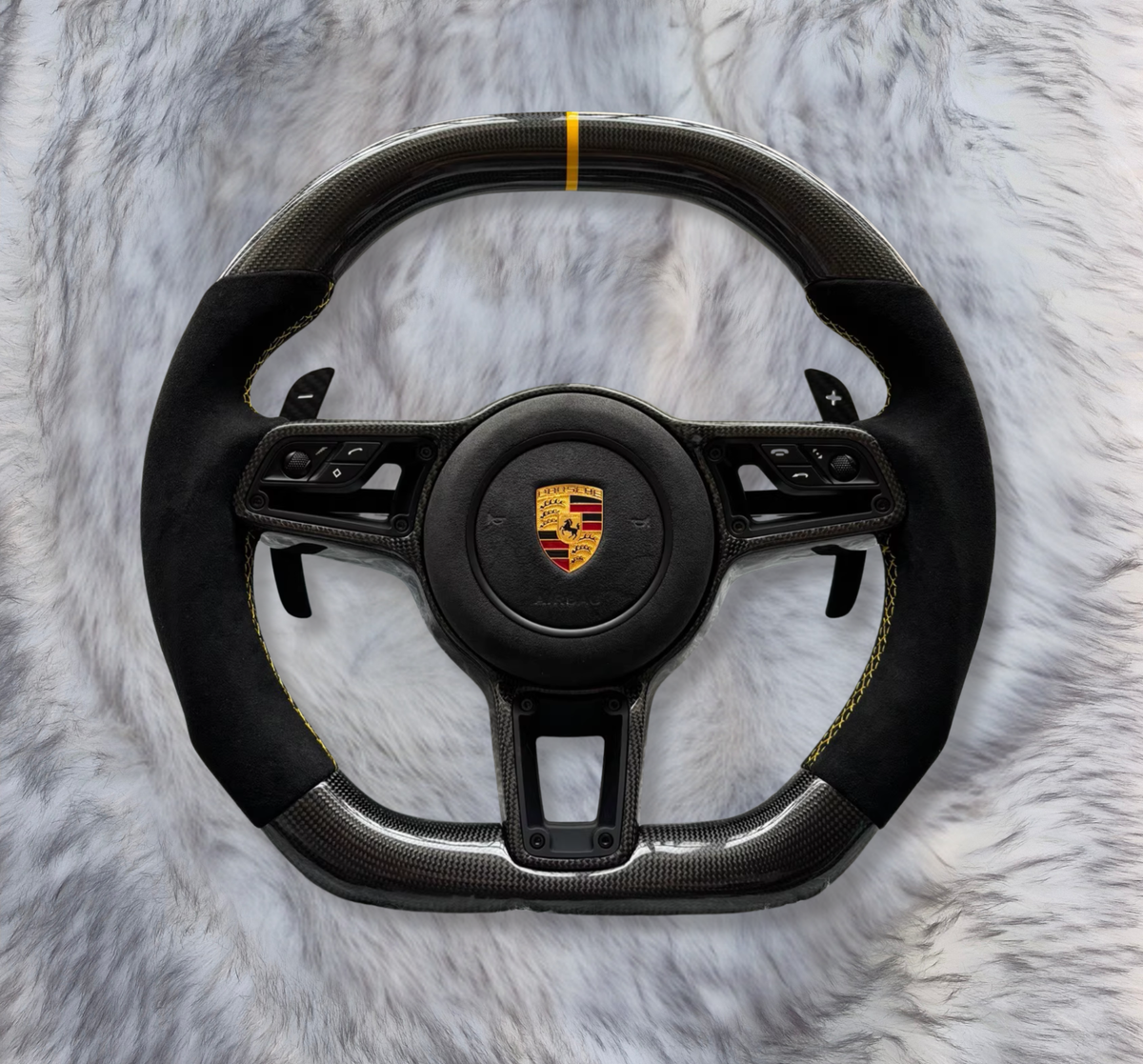 UMPARTS Porsche Carbon Fiber Steering Wheel P2148 – Alcantara Grip – Yellow Stripe – With Airbag