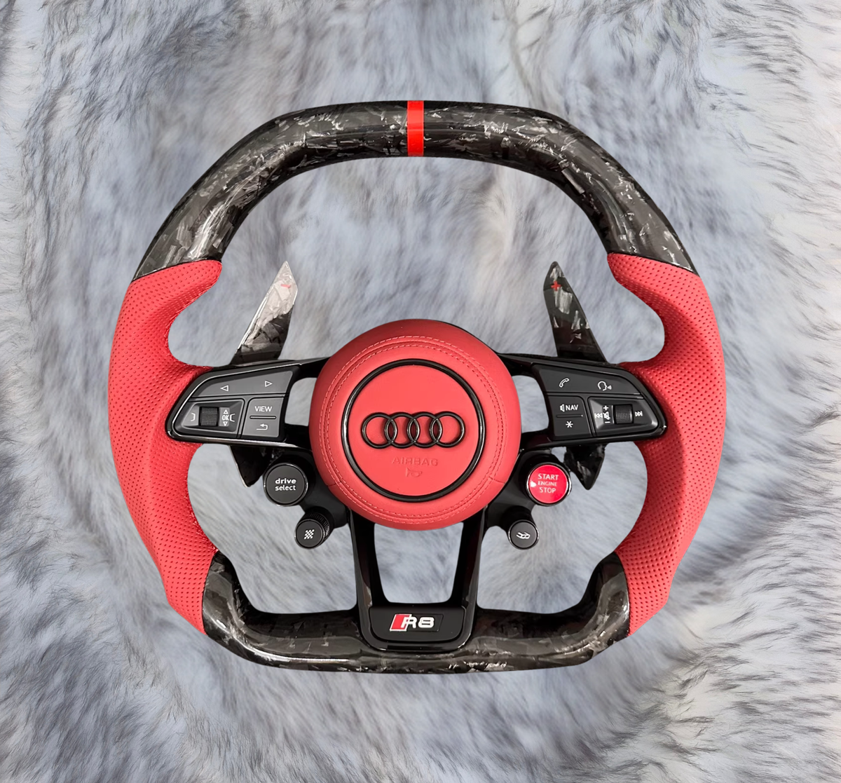 UMPARTS Audi R8 Style Forged Carbon Steering Wheel A3232 – Red Perforated Leather – Flat Bottom – With Airbag