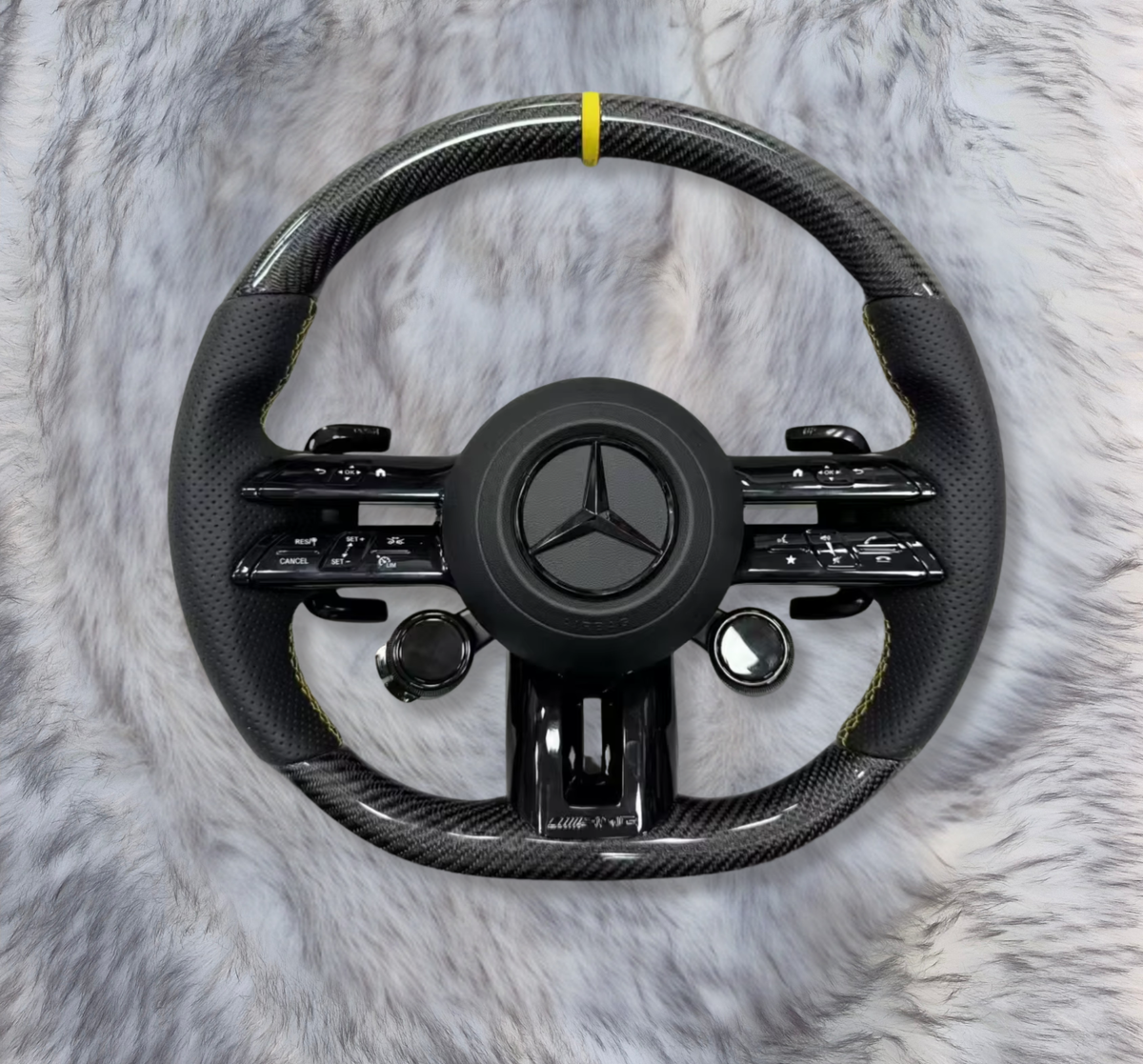 UMPARTS Mercedes-Benz AMG Carbon Fiber Steering Wheel M1243 – Black Perforated Leather – Yellow Stripe – With Airbag