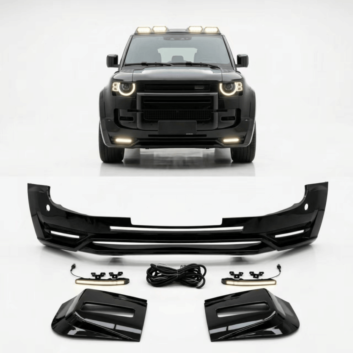 Gloss Black Front Bumper Lip Splitter with LED Lights for Land Rover Defender 90/110 (2021+) – Sport Aero Kit | UMPARTS
