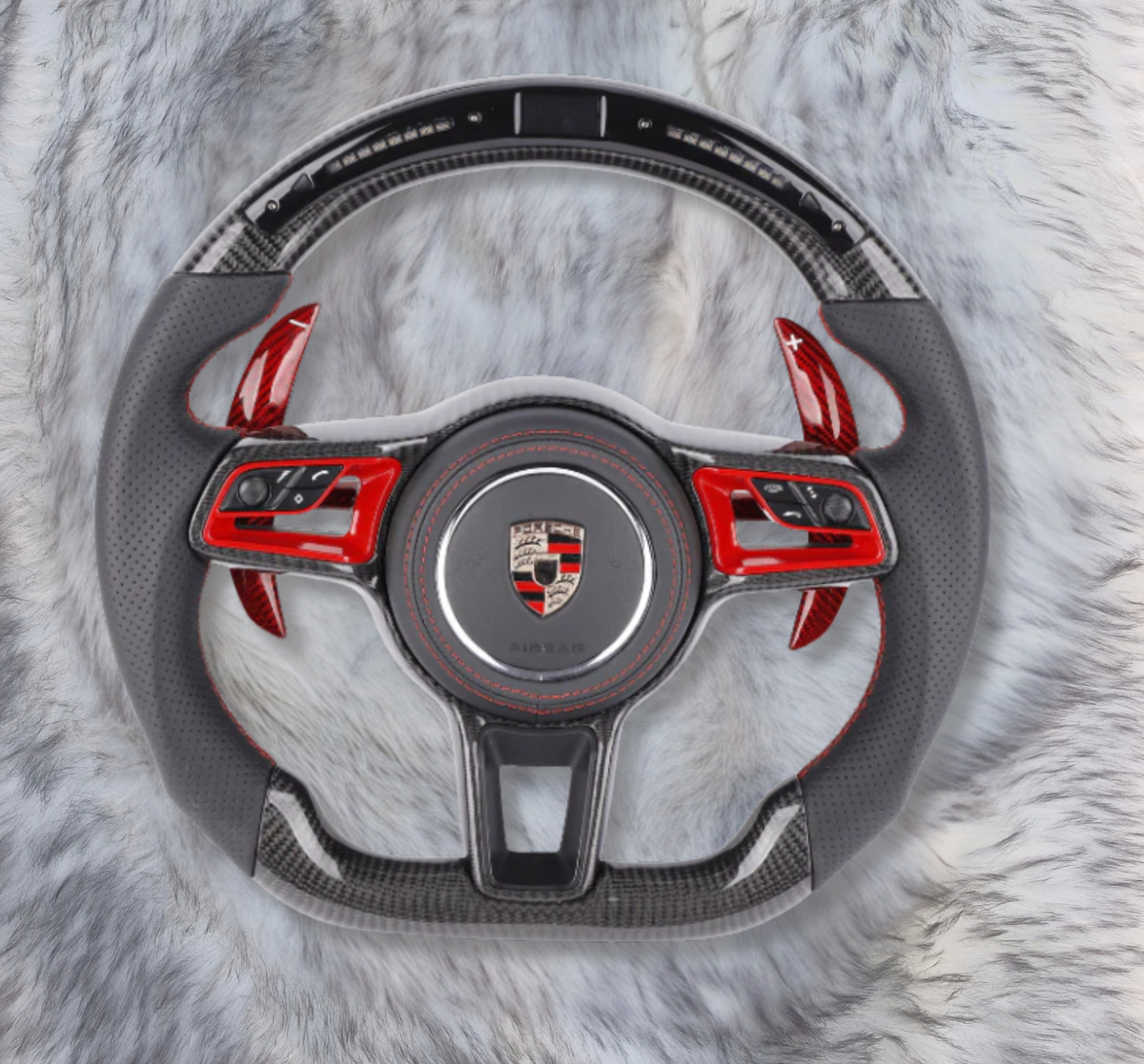 UMPARTS Carbon Fiber Steering Wheel P2111 – Red Trim – Perforated Leather – Suitable for Porsche Models
